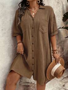 SHEIN Holidaya Plus Size Women Solid Color Drop Shoulder Single-Breasted Casual Shirt Dress Linen Outfits For Women Linen Dress For Women Casual Outfit For Women Dress - Brown - View 4