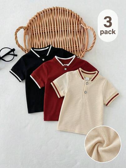 3件套男婴经典绅士多色罗纹领Polo衫短裤套装，夏季