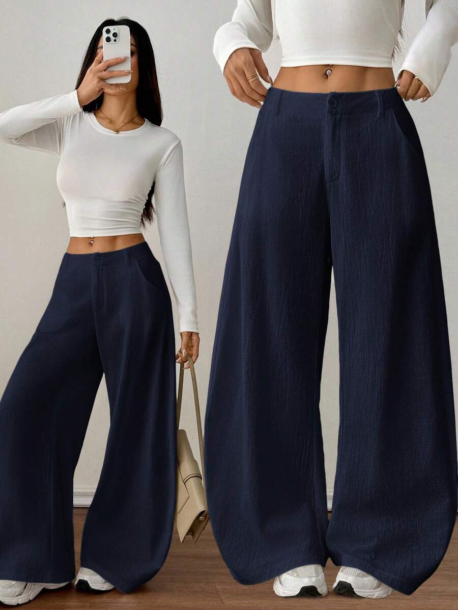 SHEIN PETITE 女士纯色休闲百搭阔腿裤，适合日常穿着 - 藏蓝色 - 查看 1