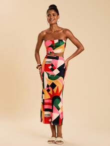 Travachic Women's Geometric Print Cropped Bandeau Top & Mini Skirt 2 Pieces Set, Vacation - Multicolor - View 5