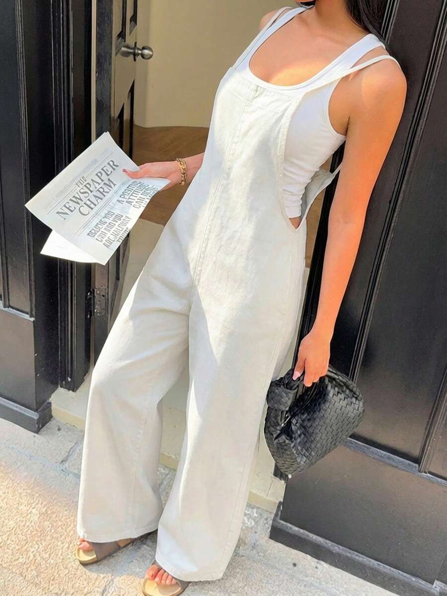 Siren Gaze 女士休闲宽松长款牛仔背带裤/连体裤，蓝色 - 白色 - 查看 1