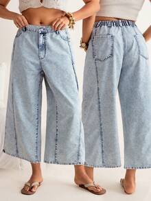 Freevana Women's Plus Size Light Blue Denim Culottes,High Waist Elastic Wide Leg Jeans,Vertical Seam Soft Breathable Cropped Pants,Summer Boho Everyday Style - Blue - View 2