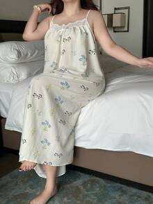 Dazy Plus Casual Floral Print Patchwork Trim Camisole Plus Size Women Spring/Summer Nightgown Pajamas - Apricot - View 5