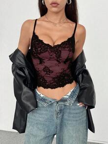 Rina Fox 法式性感蕾丝撞色露背吊带背心女式印花T恤女式上衣 - 粉色 - 查看 5