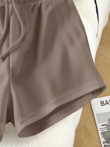 Bộ áo thun và quần short nữ màu trơn, vai thường, dáng rộng. - Màu Khaki - Xem 8