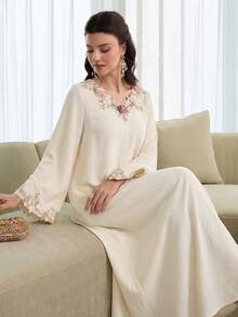 Yasmyna Women Summer Al-Adha Cream 3D Floral Embroidered Maxi Dress,Elegant V-Neck Long Sleeve Arabic Abaya,Modest Flowy A-Line Spring Wedding Guest Gown - Apricot - View 8
