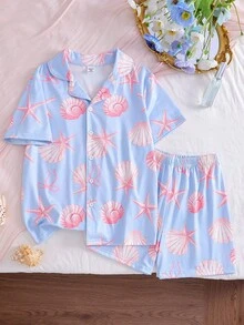 Conjunto de pijama de 2 piezas con top de manga corta y shorts con estampado de moños, elegante y de moda para niñas - Azul - Ver 4