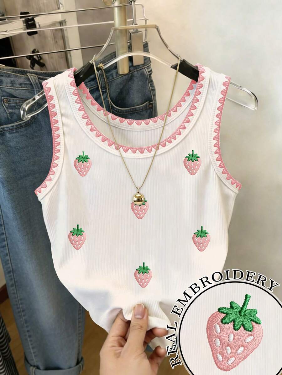 Resyla Strawberry Embroidery Contrast Color Shell Trim Round Neck Cropped Tank Top For Women - White - View 1