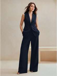 Anewsta Conjunto de traje de mujer con blazer sin mangas azul marino casual retro y pantalones largos fluidos de cintura alta - Azul Marino - Ver 5
