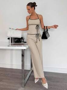 Siren Gaze Summer New Women's Contrast Color Spaghetti Strap Top And Thick Waist Tie Waist Pants 2 Pieces Set, Casual Vacation Outfit , Beach Outfits, Summer Casual Wear Women Vacation Outfit Sets Women's Summer Outfits Women's Summer Co Ord Women 2 Pieces Outfit Casual Women Outfits Sets,Work Outfits For Women Leisure Sets For Women Boat Cruise Outfit Women 2 Piece Set - Apricot - View 3