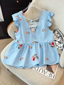 GlowEve CURVE Plus Size Women's Floral Print Chiffon Shirt, Casual Open Front Resort Style, Versatile For Spring, Summer And Autumn - Blue - View 2