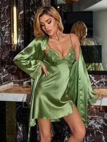 SilkySpell Women's Solid Color Lace Patchwork Camisole Dress And Long Sleeve Robe Pajama Set - Olive Green - View 5