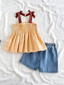 Vintaside Kids 女童夏季蓝白格子吊带背心和牛仔短裤套装，清新乡村风，饰有花卉刺绣，宽松版型，适合海滩度假、日常穿着、公园郊游。 - 黃色 - 查看 2