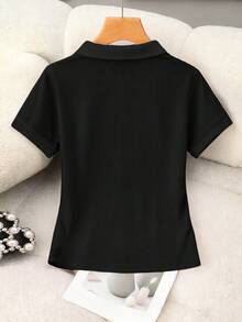 SHEIN Franclia Women's Solid Color Polo Collar Short Sleeve Casual T-Shirt - Black - View 2