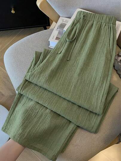 SHEIN Essnce Pantalones anchos de cintura elástica verde de tela texturizada, versátiles, cómodos y sueltos para uso diario, de estilo básico y elegante para mujeres de talla grande, para primavera/verano