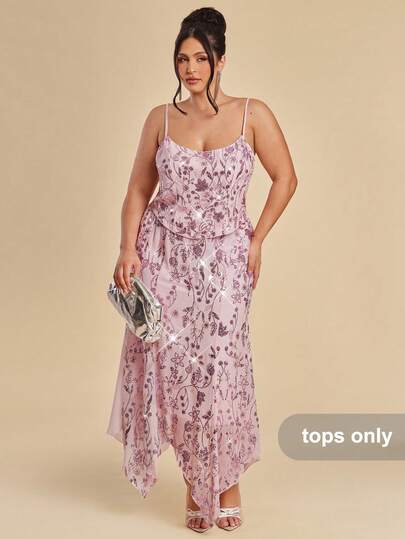 SHEIN BAE Camiseta de tirantes con lentejuelas rosa para mujer talla grande