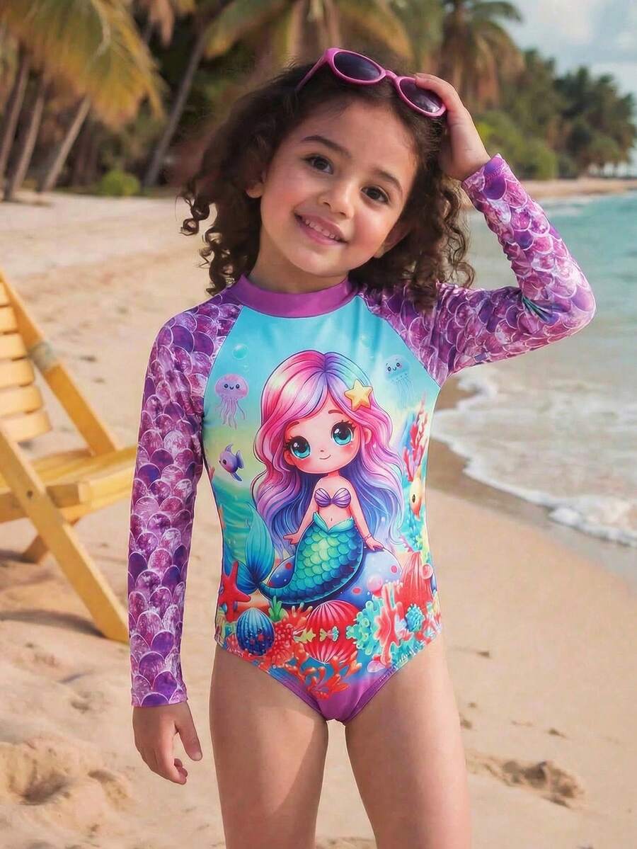 少女连体长袖泳衣，拉链设计，流行拼接印花沙滩度假泳装 - 彩色 - 查看 1