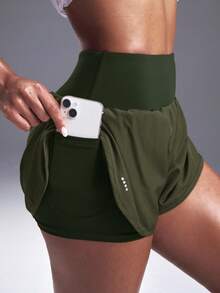 Powerista Solid Color Slant Pocket Summer Elastic Waist Sports Shorts - Green - View 6