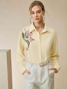 Áo kiểu tay dài thêu hoa đính sequin, thanh lịch, phong cách thường ngày, thích hợp cho mùa xuân/hè, dành cho nữ. - Vàng nhạt - Xem 3