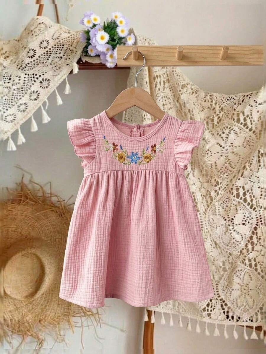 SHEIN Vintaside Kids 1 pieza Vestido de princesa rosa sencillo y versátil para niñas bebé con cuello redondo, mangas con volantes, bordado frontal y abertura trasera media para el verano - Rosa - Ver 1