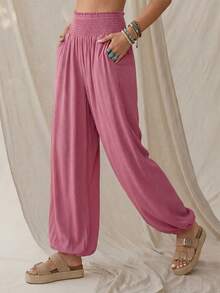 Wildy BOHO Boho Chic Casual Western Country Pink Drawstring Women Summer Daily Vacation Basic Outfit Commute Pocket Lantern Pants Boho Chic Women's Clothing Boho Chic Women's Clothing Music Festival Outfits Outfits Outfit For Women Holiday Outfits Women Outfits Casual Pant For Women Wide Leg Pants For Women Boho Pants High Waist Pants Women Bubble Pants For Women - Coral Red - View 6