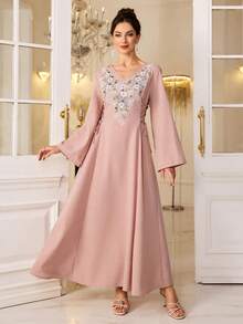 Yasmyna Vestido árabe con cintura anudada, muy bordado y con cuentas para mujer - Rosa - Ver 4