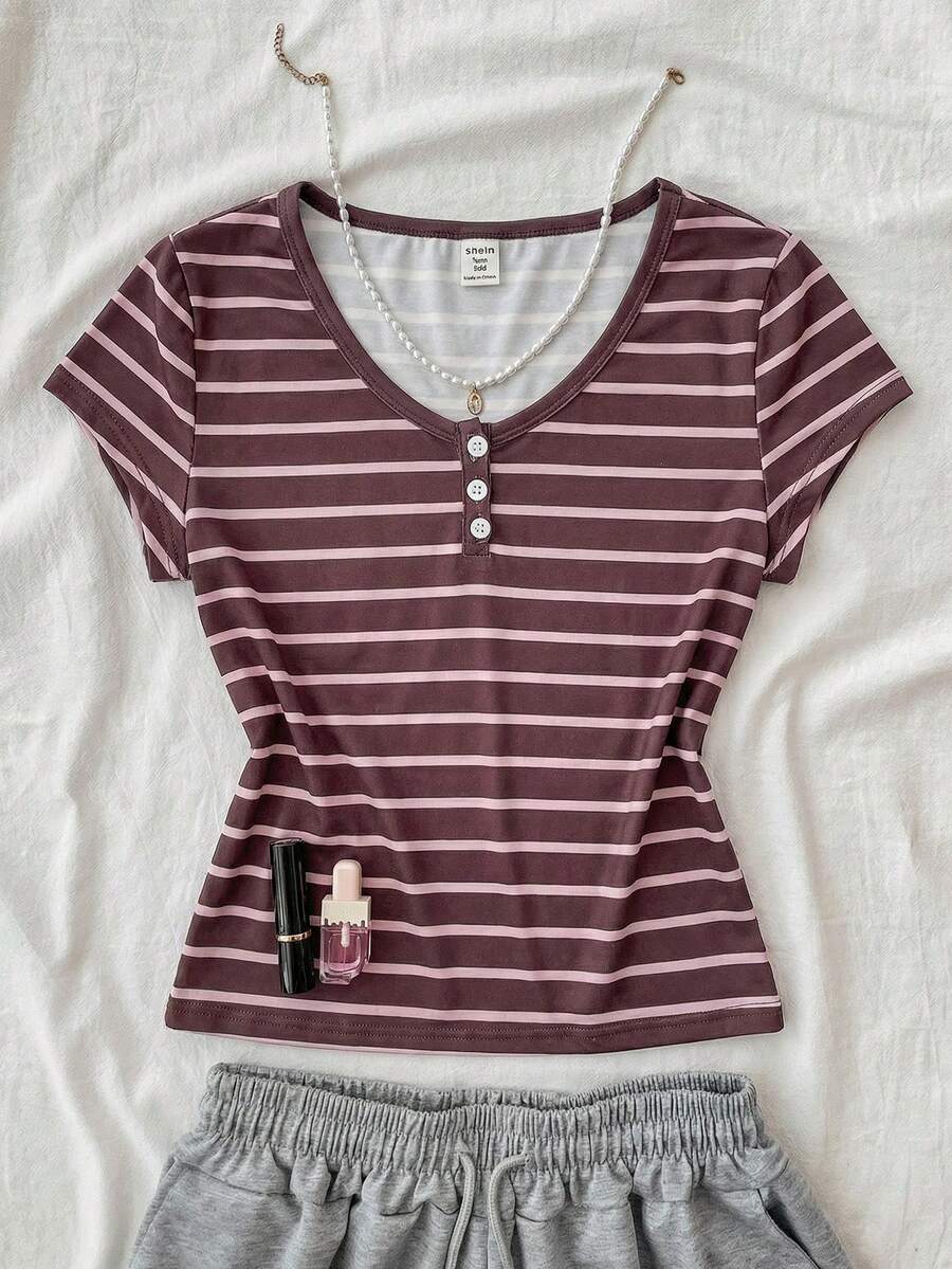 Teen Girls Striped Collar Contrast Button Front Short Sleeve Casual Blouse Mothers Day Outfit Graduation Summer Tops - Coffee Brown - View 1