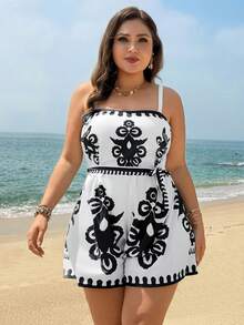 Swim Lushoire New Summer Beach Vacation Swimsuit, Totem Print Plus Size Women One-Piece Swimsuit With Shorts - Black and White - View 6