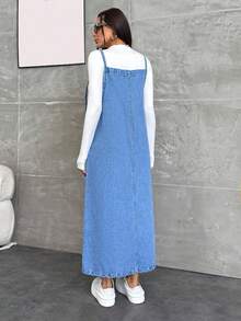 Women's Casual Loose Pocket Design Denim Pinafore Dress - Medium Wash - View 2