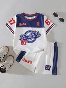 THE HAPPY LOOK 2pcs/Set Young Boy Letter Pattern Knit Soft Round Neck Short Sleeve Top And Elastic Waist Shorts - Multicolor - View 3