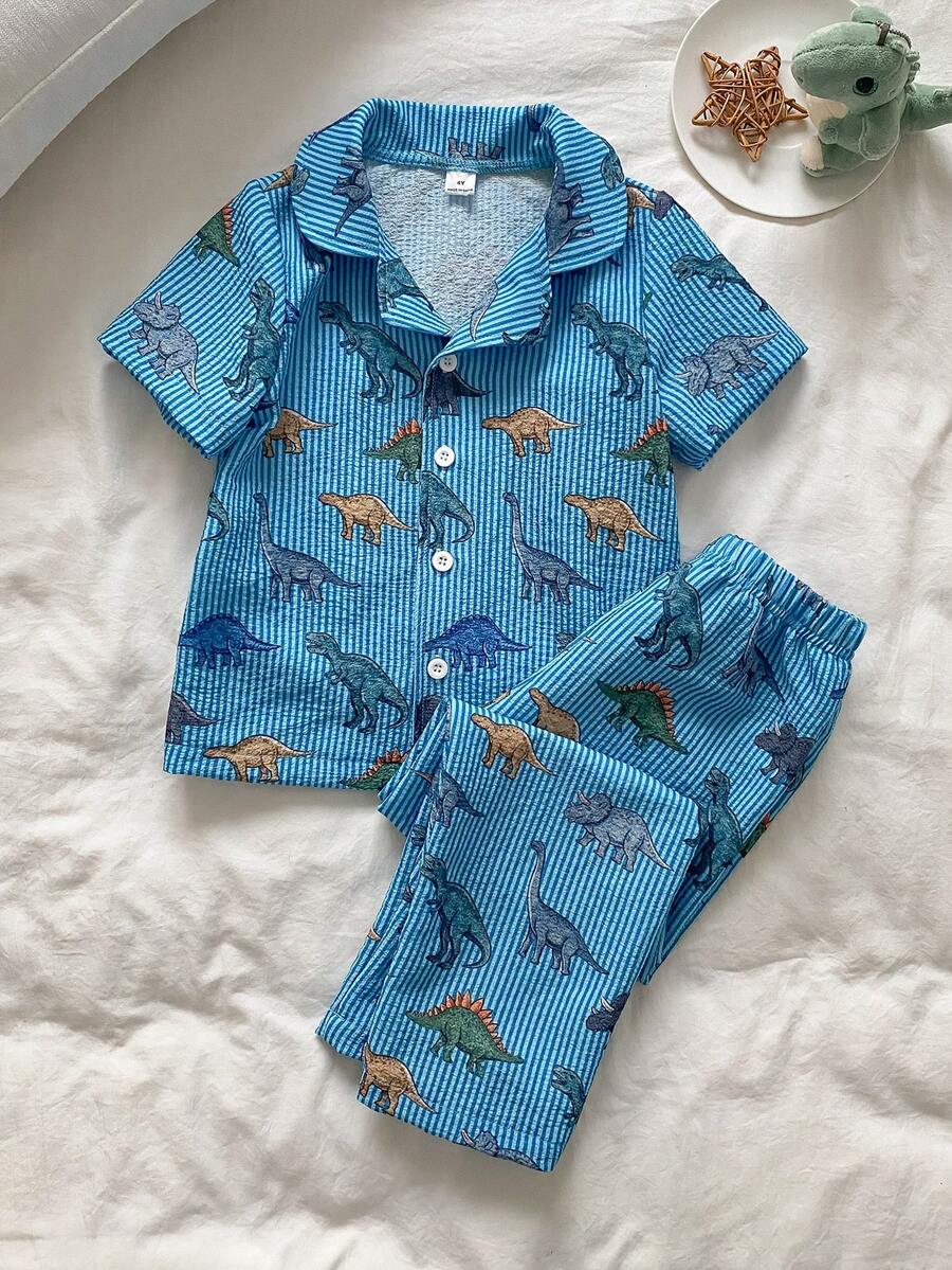 SHEIN 男童恐龙印花短袖翻领上衣和裤子两件套睡衣套装 - 藍色 - 查看 1