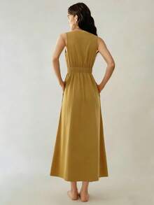 Uhlyne Uhlyne 女款優雅性感馬卡龍色夏季V領A字鈕扣百褶洋裝，休閒度假辦公室高爾夫茶會出遊日常穿搭，聚會海灘 - 黃色 - 查看 2