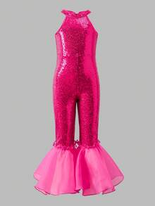 Bộ jumpsuit dự tiệc, bèo nhún đính sequin thời trang cho bé gái tuổi teen, kiểu cổ yếm, thích hợp cho các buổi tiệc tùng. - Màu Hồng Tươi - Xem 1