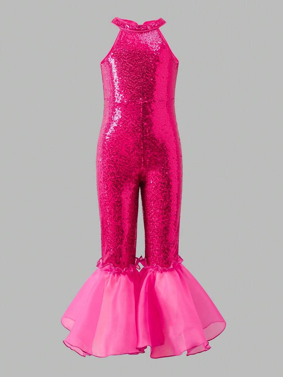 Bộ jumpsuit dự tiệc, bèo nhún đính sequin thời trang cho bé gái tuổi teen, kiểu cổ yếm, thích hợp cho các buổi tiệc tùng. - Màu Hồng Tươi - Xem 1