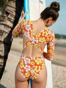 Swim SPRTY Women's Long Sleeve Rashguard One Piece Swimsuit,Orange Flower Hibiscus Print Full Coverage Surf Suit,Summer Beach Vacation Holiday Casual Swimwear - Multicolor - View 2