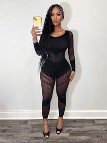 BamGleam Bộ jumpsuit xuyên thấu lưới khoét hở gợi cảm dành cho nữ - màu đen - Xem 1