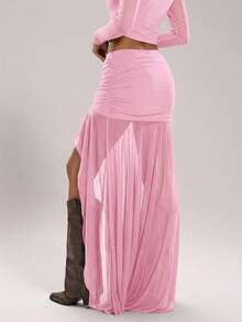 SHEIN BAE Women's Elegant Solid Color Ruffle High Slit Skirt, Summer - Baby Pink - View 2
