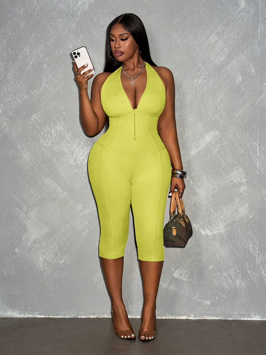 Slaydiva Spring/Summer New Avocado Green Sleeveless Halter Tie-Knot Deep V-Neck Partial Cutout Design High Stretch Ribbed Knit Fabric Plus Size Women Jumpsuit - Yellow - View 1