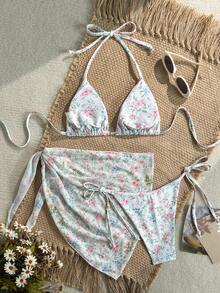 Swim Mod Women's Sweet Floral Print Halter Neck Triangle Bikini Top With Tie Side Bottoms, Matching Skirt Bikini Set Set, Spring/Summer - Multicolor - View 2