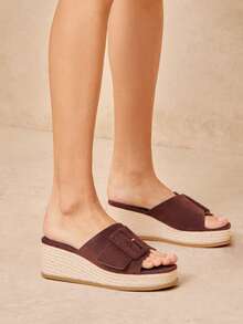 SHUZIA Giày đế xuồng kiểu espadrille tối giản dành cho nữ, chất liệu giả da lộn, có khóa cài, đế dày. - Màu nâu Sô-cô-la - Xem 2