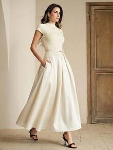 Anewsta New Elegant Round Neck Cap Sleeve Knit Patchwork A-Line Dress With Waist Belt For Women - Apricot - View 3