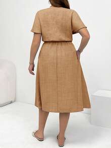Shapeblank Vestido casual de verano holgado y cómodo para mujer de talla grande, de longitud media con bolsillos, cuello en V, mangas cortas, estilo europeo de verano, adecuado como atuendo - Caqui - Ver 2