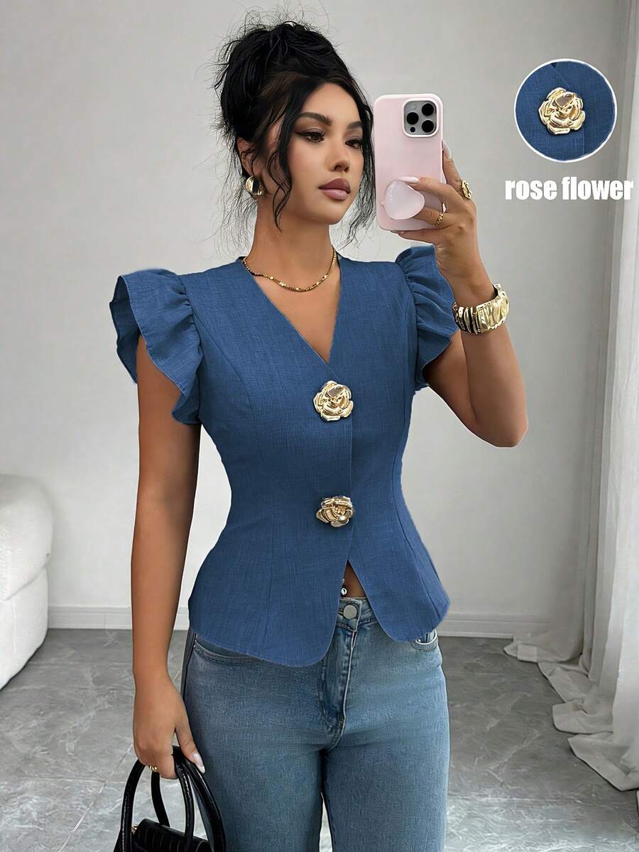 SHEIN Elenzya 女款優雅純色金屬扣飾V領荷葉袖精緻襯衫 - 藍色 - 查看 1
