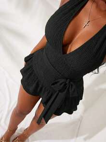 SHEIN SXY Plus Size Women Deep V-Neck Sexy Halter Jumpsuit - Black - View 6