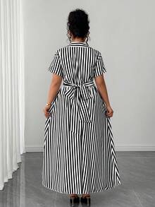 Elenzga 大码女式休闲条纹V领短袖抽绳腰长连衣裙，夏季斑马纹印花套装，Zanzea女式连衣裙，条纹连衣裙，大码夏季连衣裙，条纹长裙，大码女式夏季套装 - 黑與白 - 查看 3