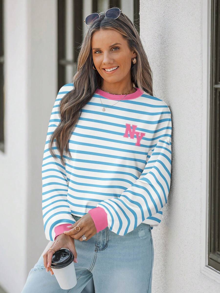 Wildy Áo sweatshirt nữ dáng rộng, cổ tròn, tay dài, họa tiết tối giản, màu xanh trắng kẻ sọc, phong cách thường ngày. - Nhiều màu - Xem 1