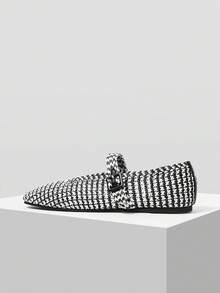 MOTF BRAID BUCKLE STRAP SQUARE TOE FLATS SPRING SHOES - Black and White - View 3