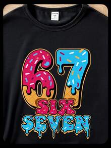 Girls Casual Colorful Sprinkle Digit 67 Letter Graphic Print Basic Short Sleeve T-Shirt, Comfortable Cozy Summer & Fall Styles For Girls Daily Wear - Black - View 5