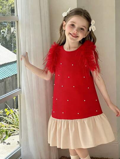 SHEIN Young Girl Summer Elegant Pearl & Fluffy Decor Sleeveless Contrast Color Ruffle Hem Princess Dress
