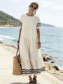 SHEIN Holidaya Đầm nữ cổ tròn tay ngắn màu mơ kẻ sọc, chất liệu vải dệt nhăn, thích hợp cho kỳ nghỉ: Đầm đi nghỉ mát, đầm màu mơ, đầm kẻ sọc, đầm thường ngày, đầm đi nghỉ lễ. Đầm đi biển, đầm hè, đầm thanh lịch, đầm dài mùa hè, đầm đi biển. - Màu be - Xem 6